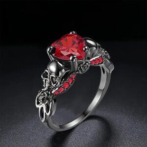 NEW Size 6 Gothic Black Skull Ring with Red Heart, punk jewelry, gothic jewelry